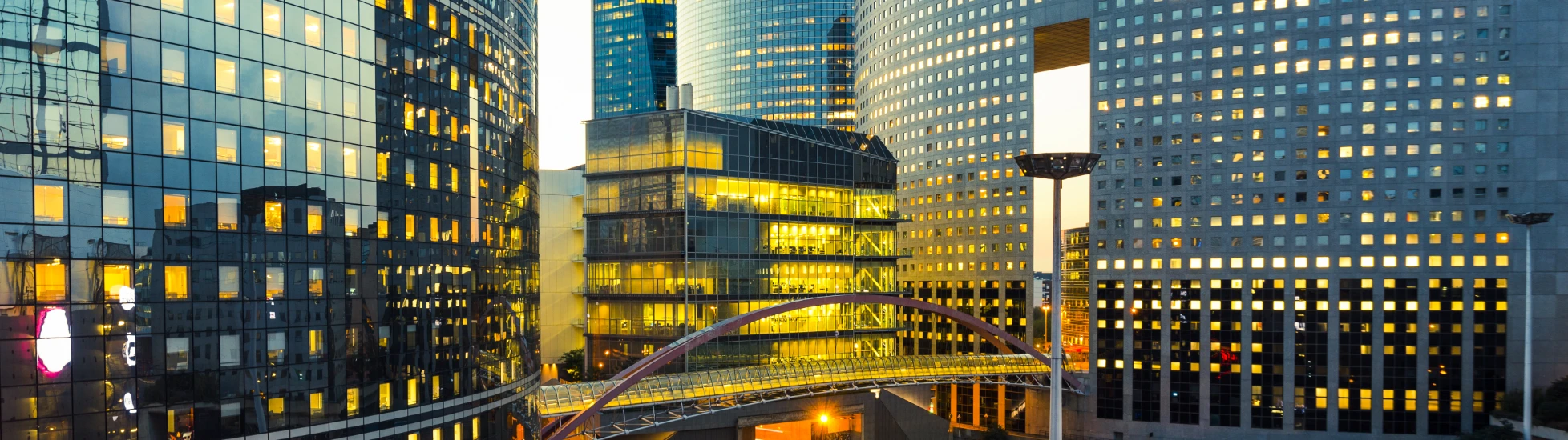 office buildings evening lighting roads
