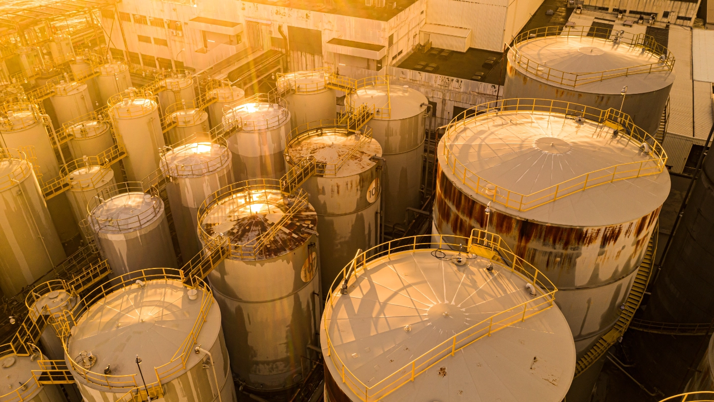 Chemical storage plant in the evening sunlight Chemical storage plant in the evening sunlight
