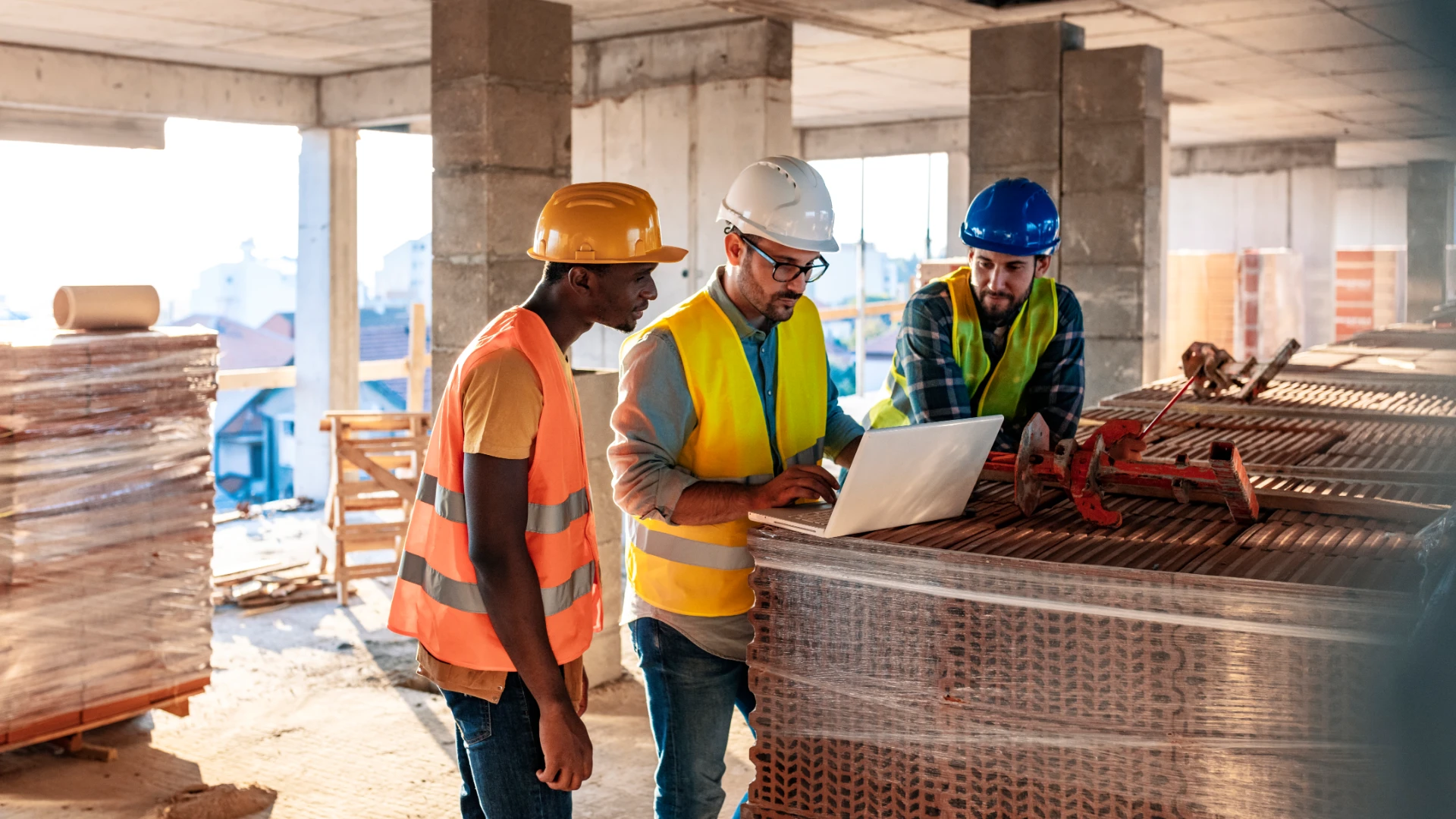 construction workers looking at laptop