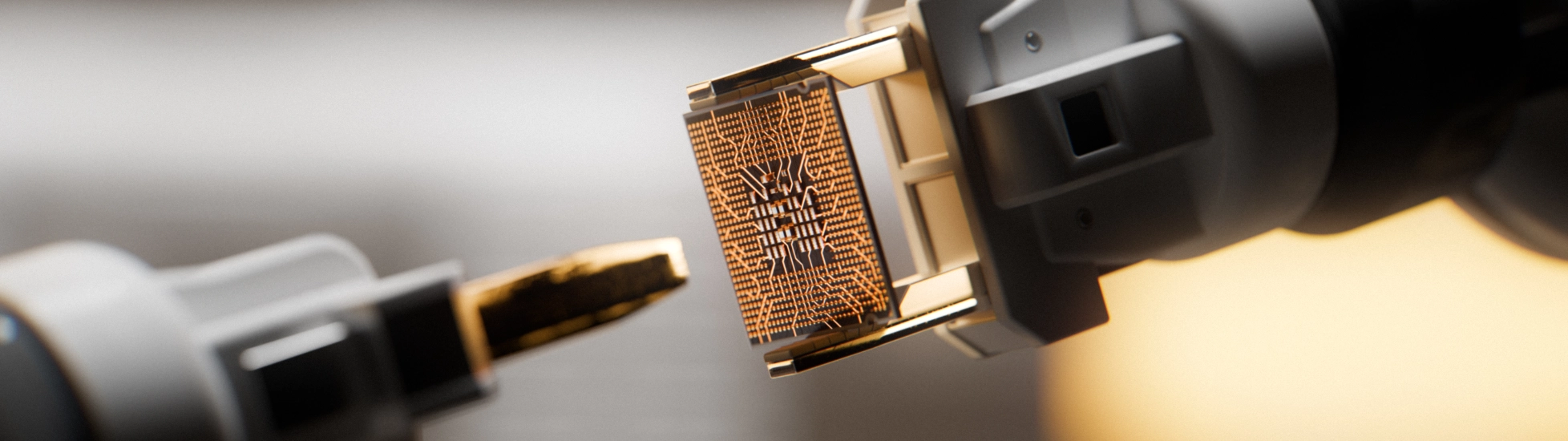 Robotic arm engraving a computer chip